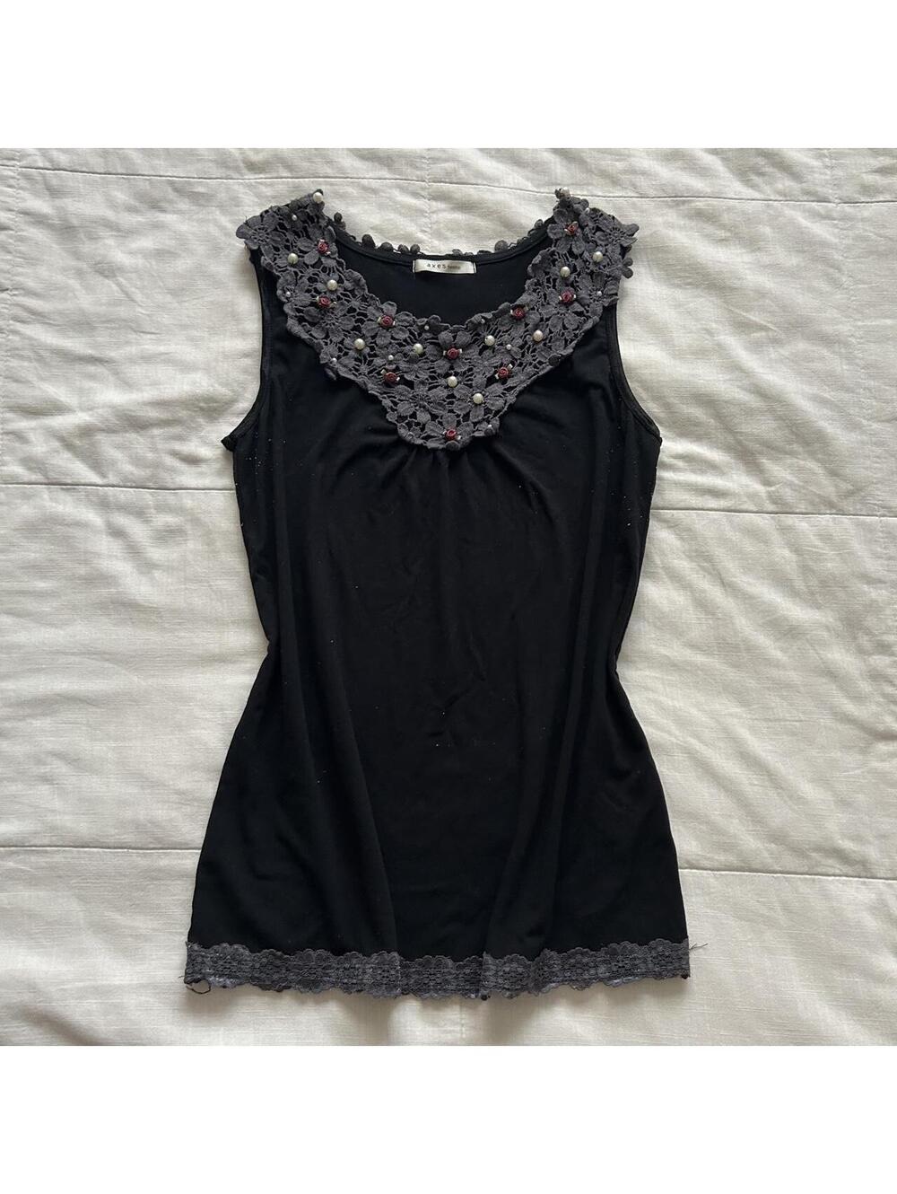 Axes Femme Black Gray Floral Crochet Lace Pearl Rosette Tank Top Size M Japan